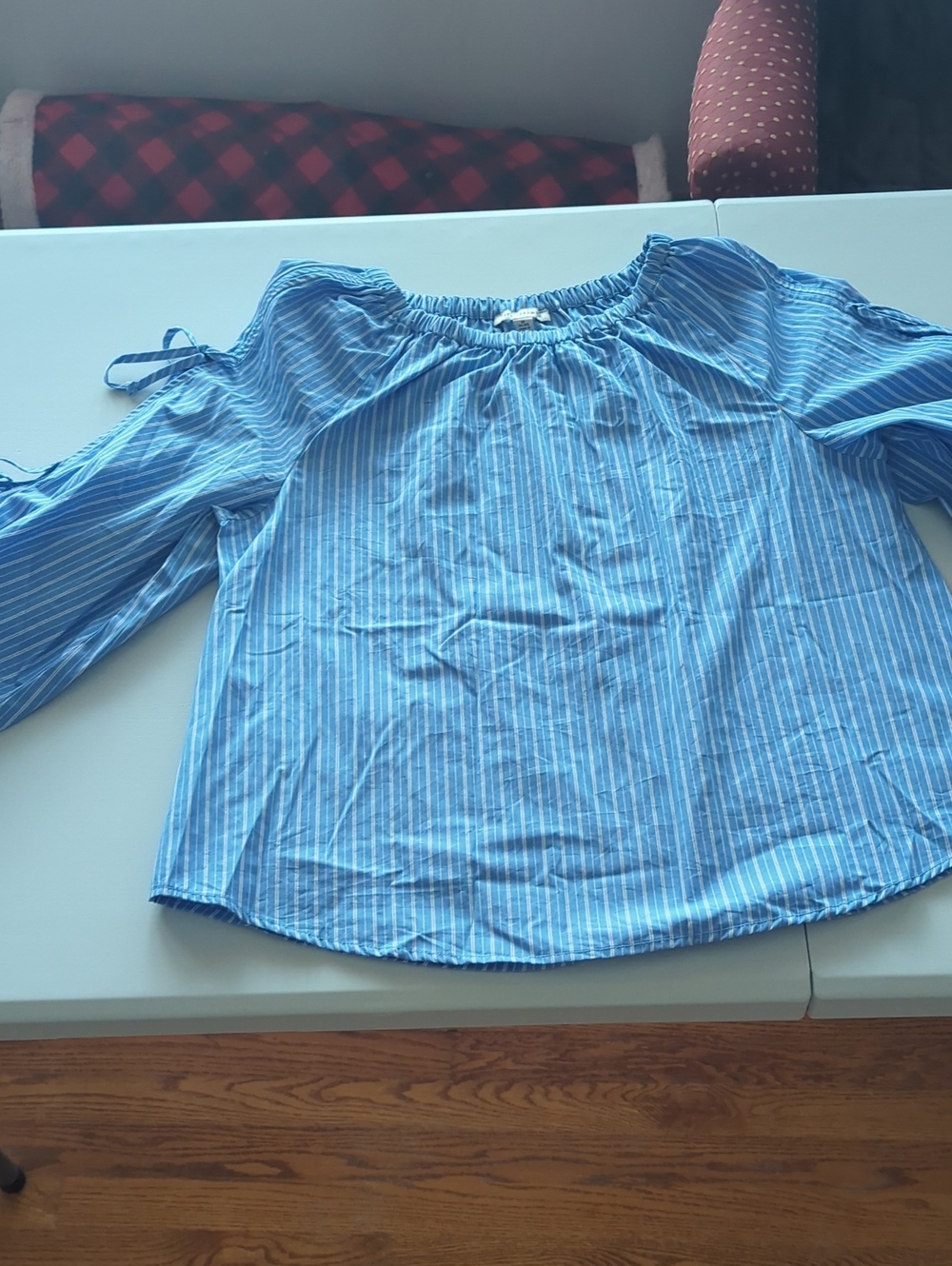 Striped Light Blue Off-the-Shoulder Blouse with Sleeve Ties
